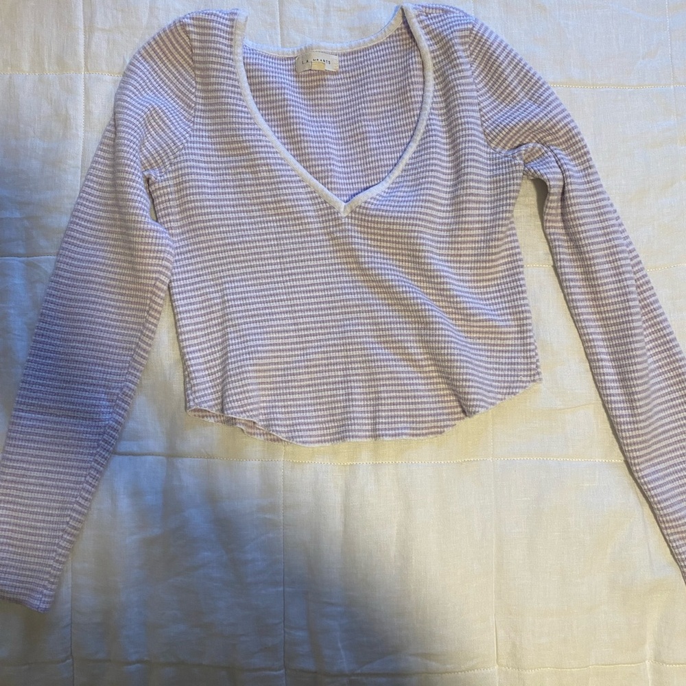 Striped V-Neck Long Sleeve Top - Lavender
